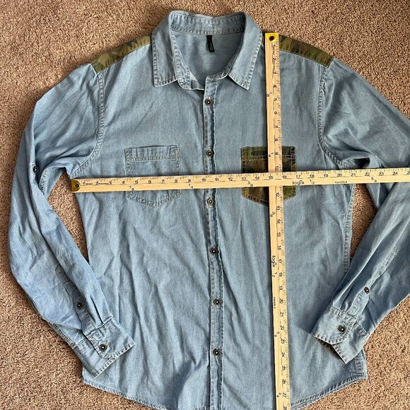 Stile Benetton 100% Cotton Blue Denim Chambray Camouflage Flip Cuff Shirt Mens L - Picture 3 of 6